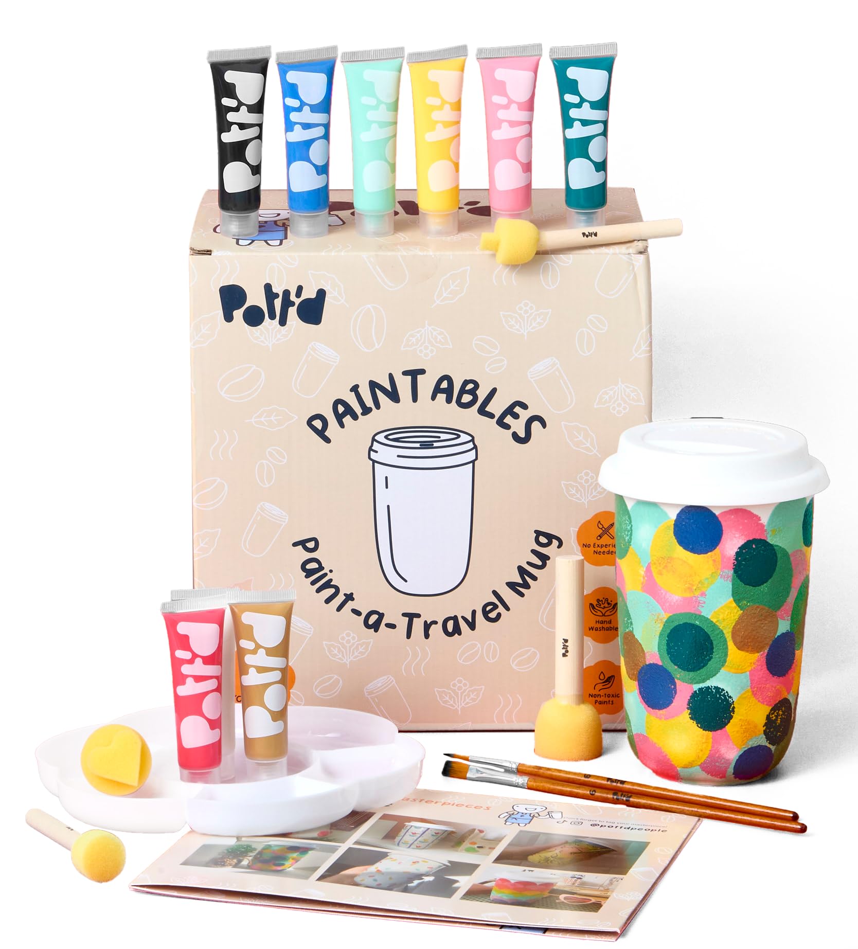 Pottd Paintables Paint-a-Travel Mug Kit, DIY Pottery Painting Kit for Adults with Travel Mug, Paints, Brushes, Sponges, Palette 