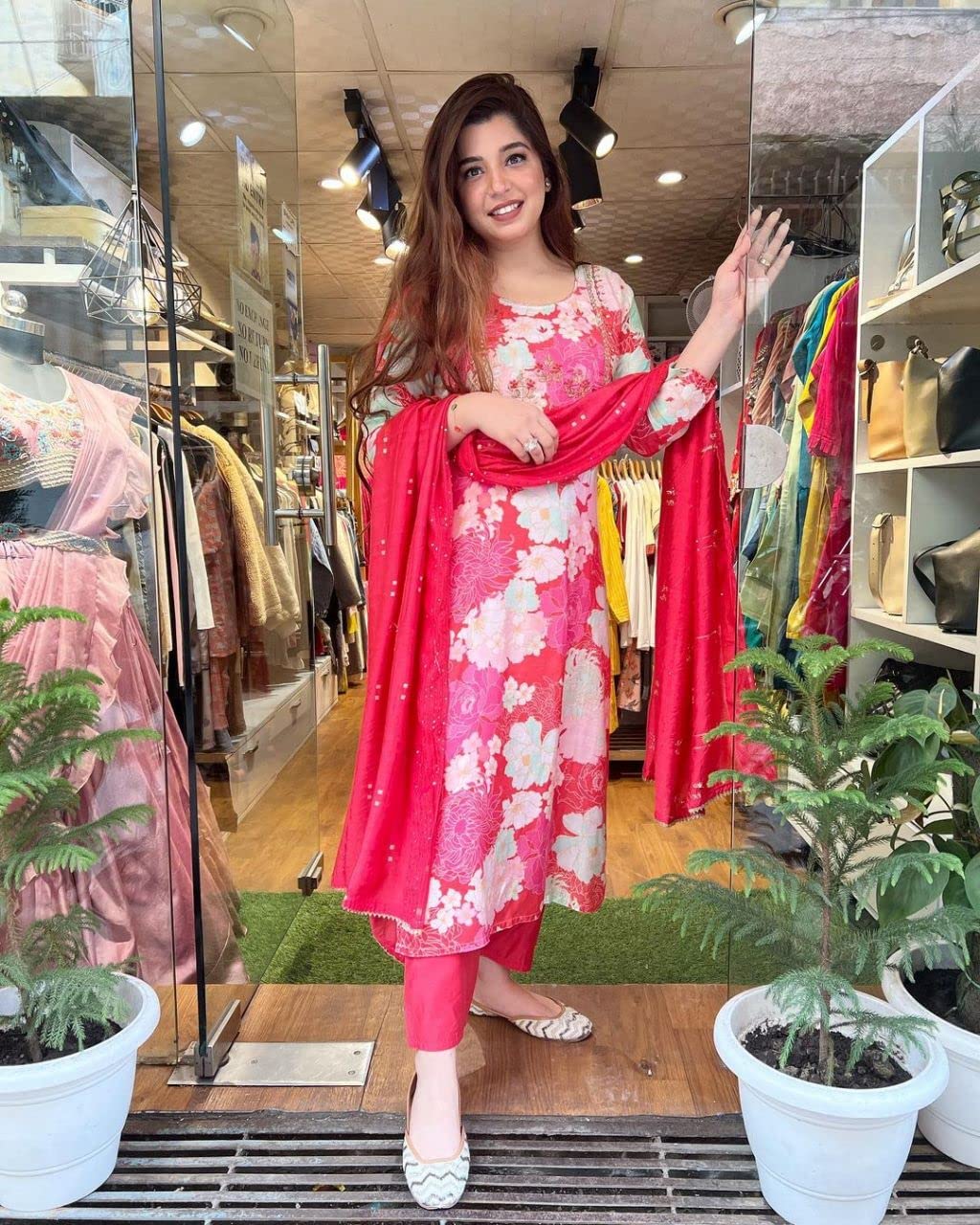 Anni Designer Women'S Cotton Blend Embroidered Floral Printed Straight Kurta With Pant & Dupatta (Litup-Red_S_Red_Small),Red,S,Cotton Blend,Regular,Dupatta