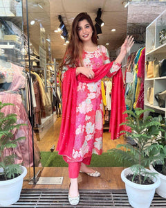 Anni Designer Women'S Cotton Blend Embroidered Floral Printed Straight Kurta With Pant & Dupatta (Litup-Red_S_Red_Small),Red,S,Cotton Blend,Regular,Dupatta