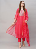 Anni Designer Women'S Cotton Blend Straight Printed & Embroidered Kurta With Pant & Dupatta (Radha Rani-Nw_Xl_Pink_X-Large),Pink,XL,Organza,Regular,