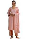 Libas Gerua Womens Yoke Design Silk Blend Straight Kurta With Trousers And Dupatta