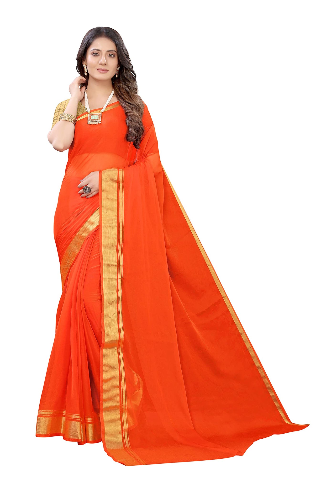 Gosriki Women'S Chiffon Saree With Blouse Piece (Chutki Orange_Orange),Orange,,B095WCHNHH