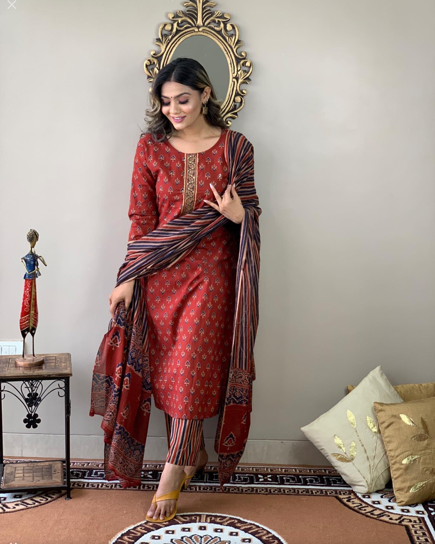 Anni Designer Women'S Cotton Blend Straight Printed Kurta With Pant & Dupatta (Sahdev-Red_S_Red_Small),Red,S,Cotton Blend,Regular,Dupatta
