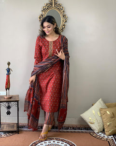 Gosriki Women'S Cotton Blend Straight Printed Kurta With Pant & Dupatta (Sahdev-Red-Gs_S_Red_Small),Red,,B0CD7RM5J1