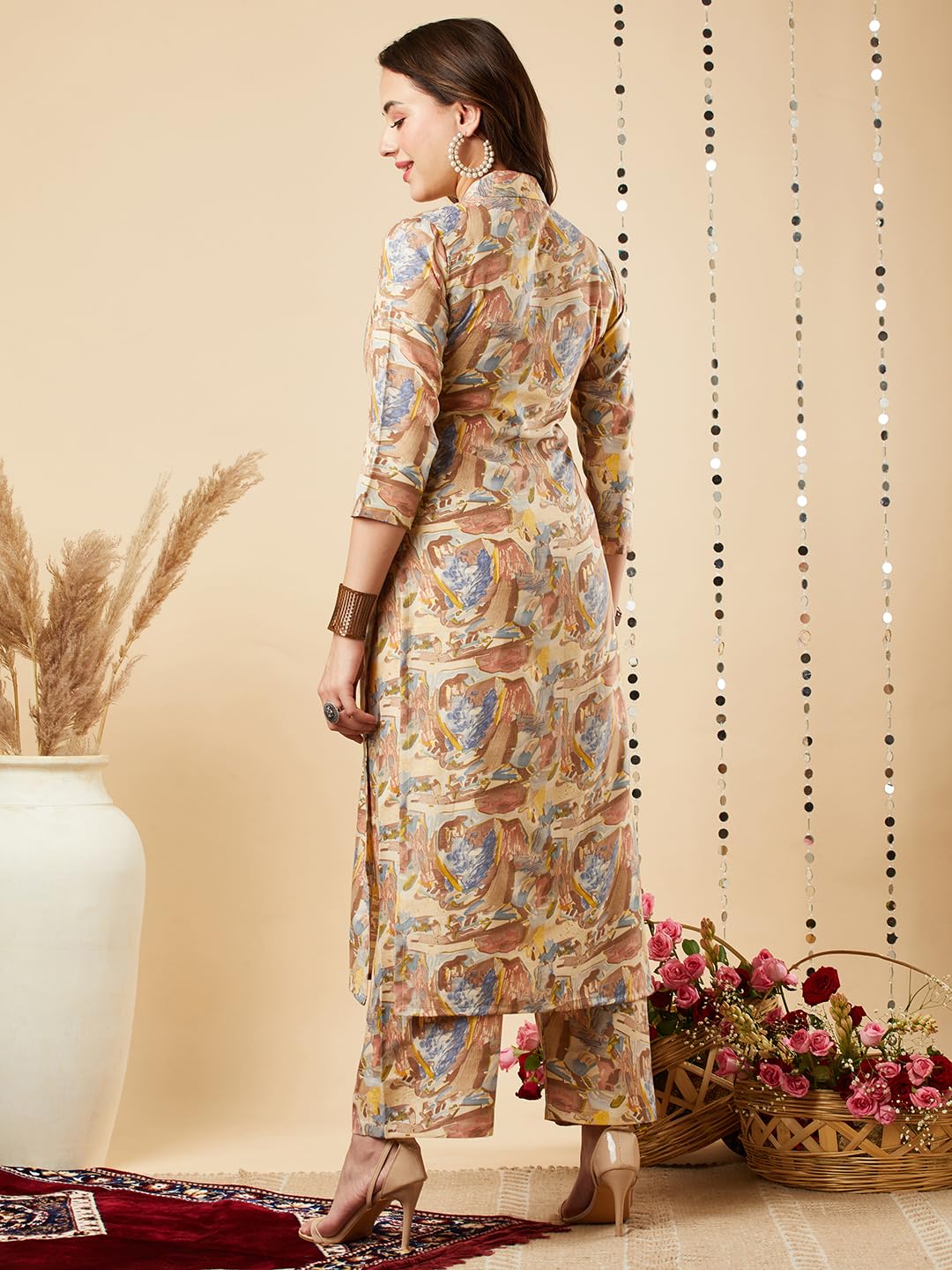 Anni Designer Women'S Cotton Blend Printed Straight Kurta With Palazzo Set (Half Blue_L_Blue_Large),Blue,L,Cotton Blend,Regular,Kurta, Pants