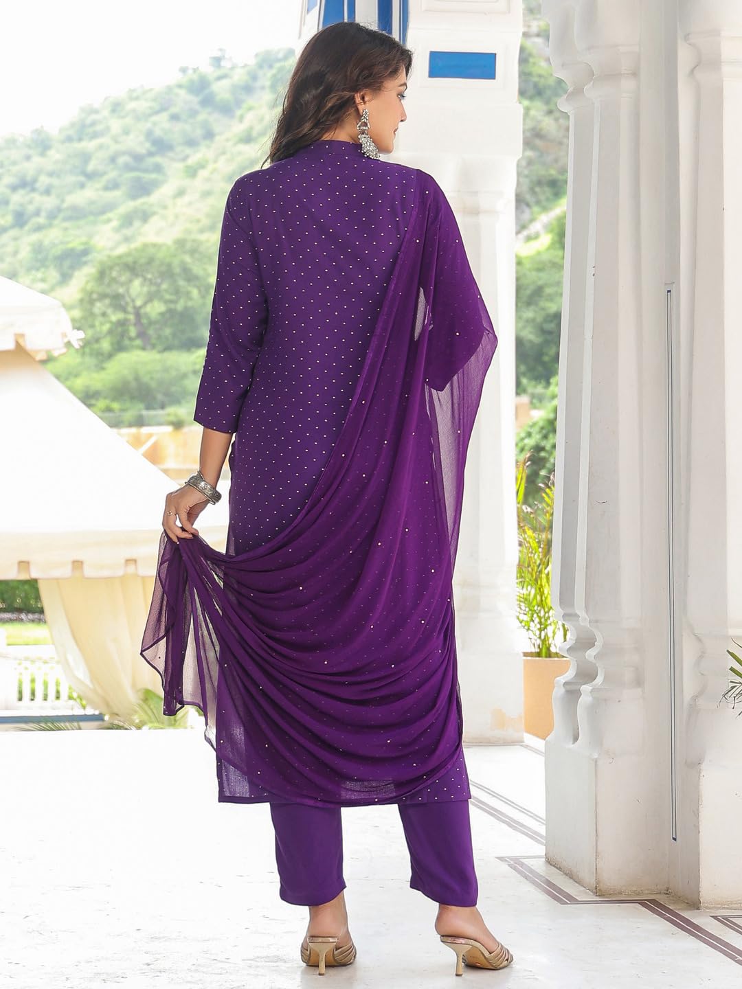 Anni Designer Women'S Cotton Blend Straight Embroidered Kurta With Pant & Dupatta (Raji-Begani-Nkj_4Xl_Purple_Xxxx-Large),Purple,4XL,Cotton Blend,Regular,