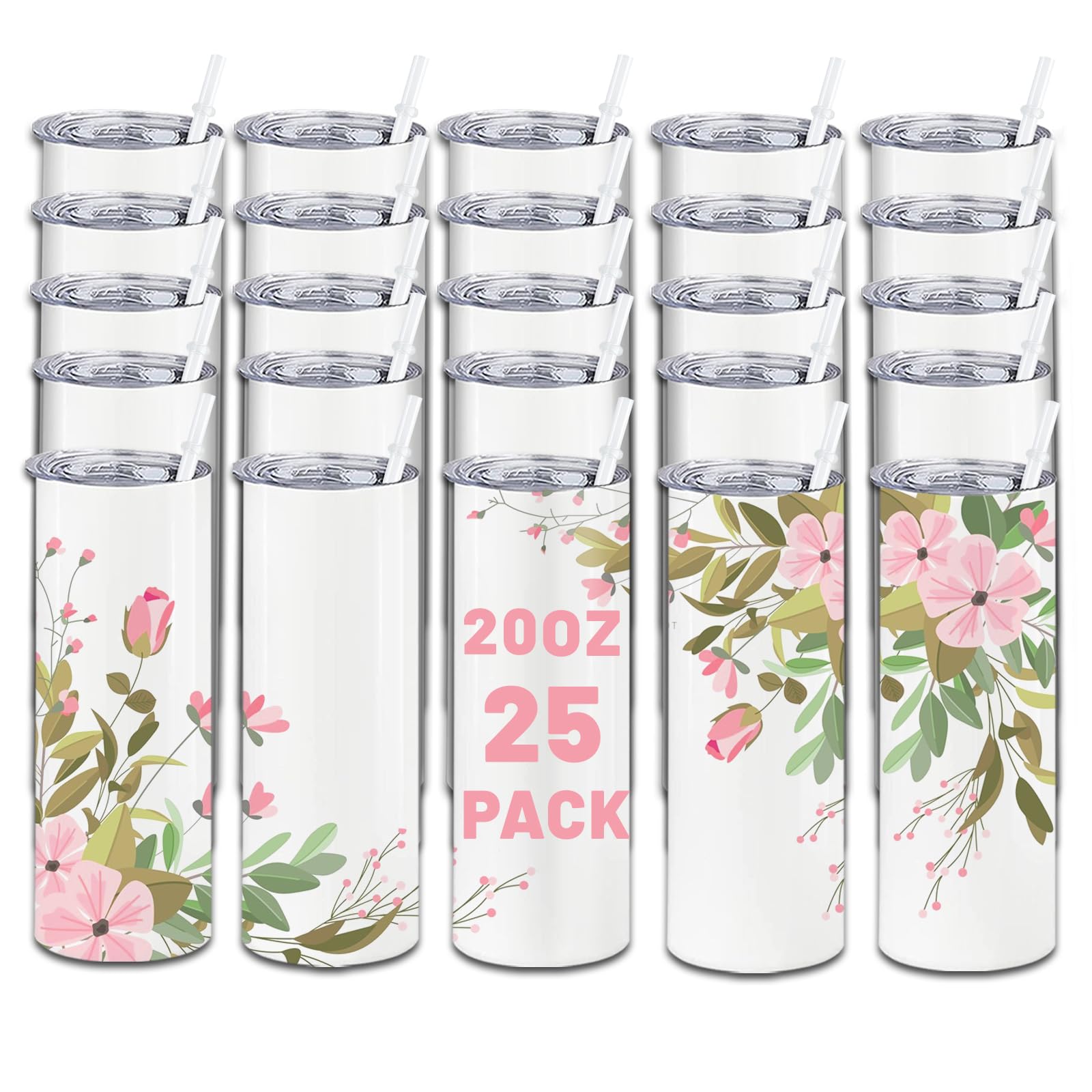 Kocdam 25 Pack Sublimation Tumblers Bulk 20oz, Sublimation Blanks Skinny Straight with Lids and Straws Bulk, Stainless Steel Dou