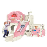NYEEKOY 9 in 1 Toddler Slide, Bus-Themed Kids Slide and Climber Playset with Basketball Hoop, Ring-Toss, Car Playhouse, Telescop