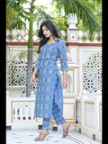 Anni Designer Women'S Cotton Blend Printed Straight Kurta With Pant (Pana Blue-Cmd_Xl_Blue_X-Large),Blue,XL,Cotton Blend,Regular,Kurta
