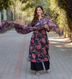 Anni Designer Women'S Cotton Blend Floral Printed Straight Kurta With Palazzos & Dupatta (Japa-Blue_S_Blue_Small),Blue,S,Cotton Blend,Regular,Dupatta
