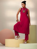 Libas Womens Solid Cotton Blend Co-Ord Set For Women Red M