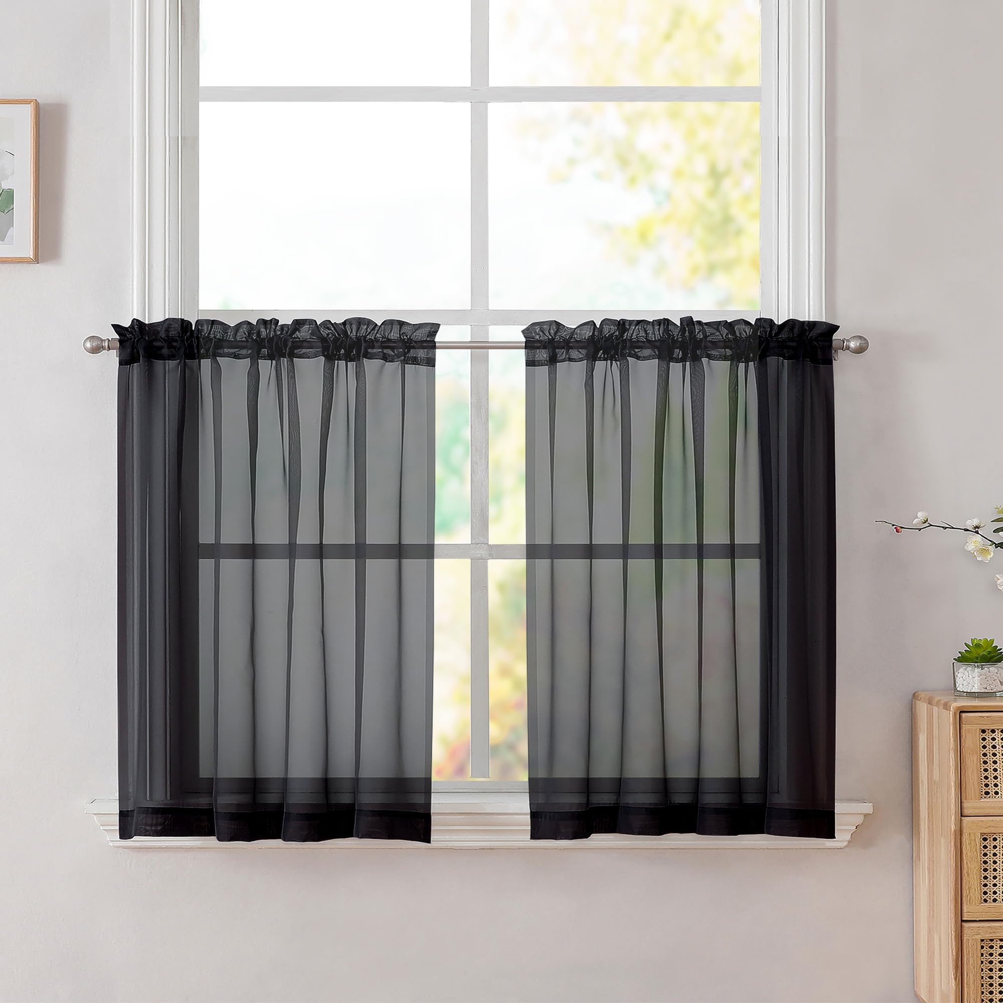 Simplebrand Black Tier Curtains for Kitchen 24 Inches Long 2 Panels Set, Rod Pocket Cafe Curtain Light Filtering Sheer Short Cur