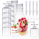 Whaline 200Pcs 5oz Dessert Cups with Spoons 50 Mini Square Goblet Parfait Cups 50 Clear Appetizer Cups 100 Plastic Spoons Small 