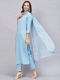 Anni Designer Women'S Cotton Blend Straight Printed Kurta With Pant & Dupatta (Dooti Blue-Cmd_Xxl_Blue_Xx-Large),Blue,2XL,Cotton Blend,Regular,Dupatta
