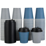 LITOPAK 100 Pack 10 oz Disposable Paper Coffee Cups with Lids for Coffee, Water, Juice, or Tea, Blue and Gray Hot Paper Cups for