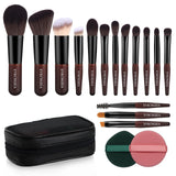 Travel Makeup Brush Set, 15 pcs Mini Makeup Brushes and 2 Puff for Foundation, Powder, Eyeshadow, Highlight, Contour, Blush & Co