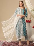 Anni Designer Women'S Cotton Blend Printed Straight Kurta With Pant & Dupatta (Kai Green_S_Green_Small),Green,S,,,