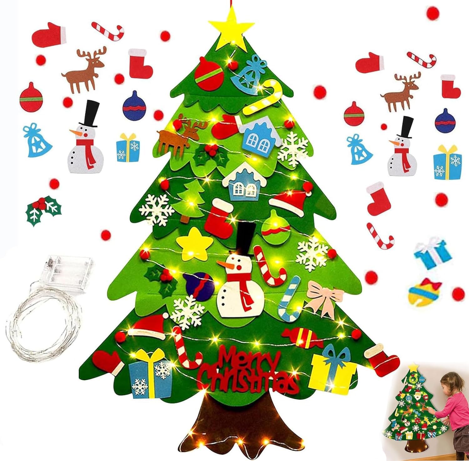 Montessori Felt Christmas Tree for Toddlers,Montessori Felt Christmas Tree with 32 Ornaments & Lights