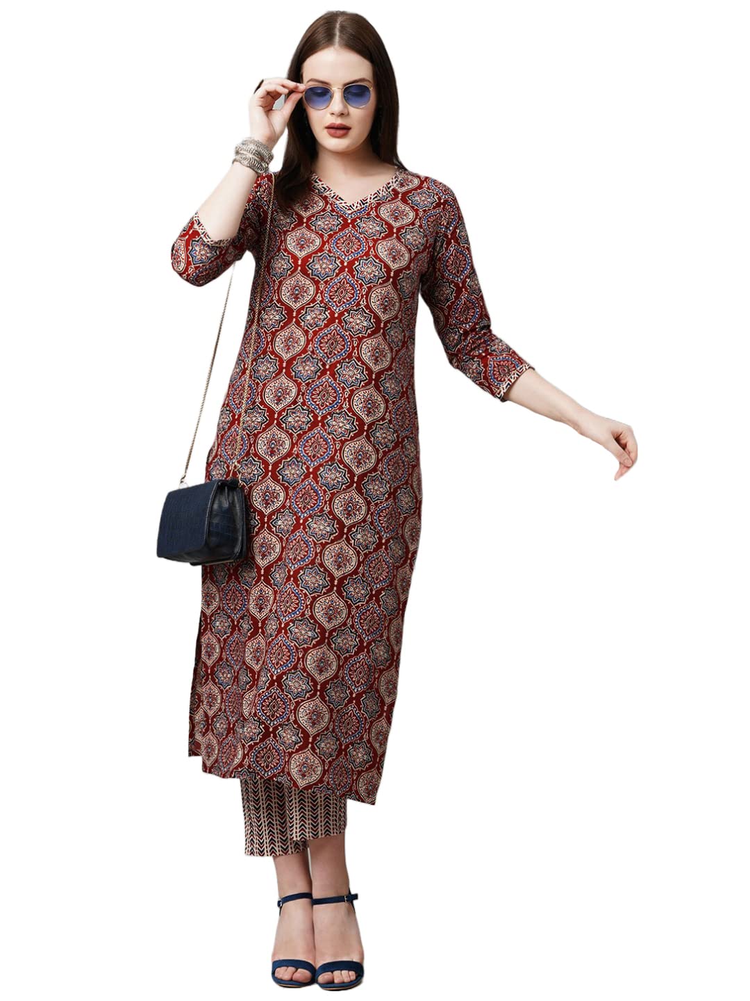 Anni Designer Women'S Cotton Blend Printed Straight Kurta With Pant (Sarva-Blue & White_Xl_Dark Blue_X-Large),Blue & White,XL