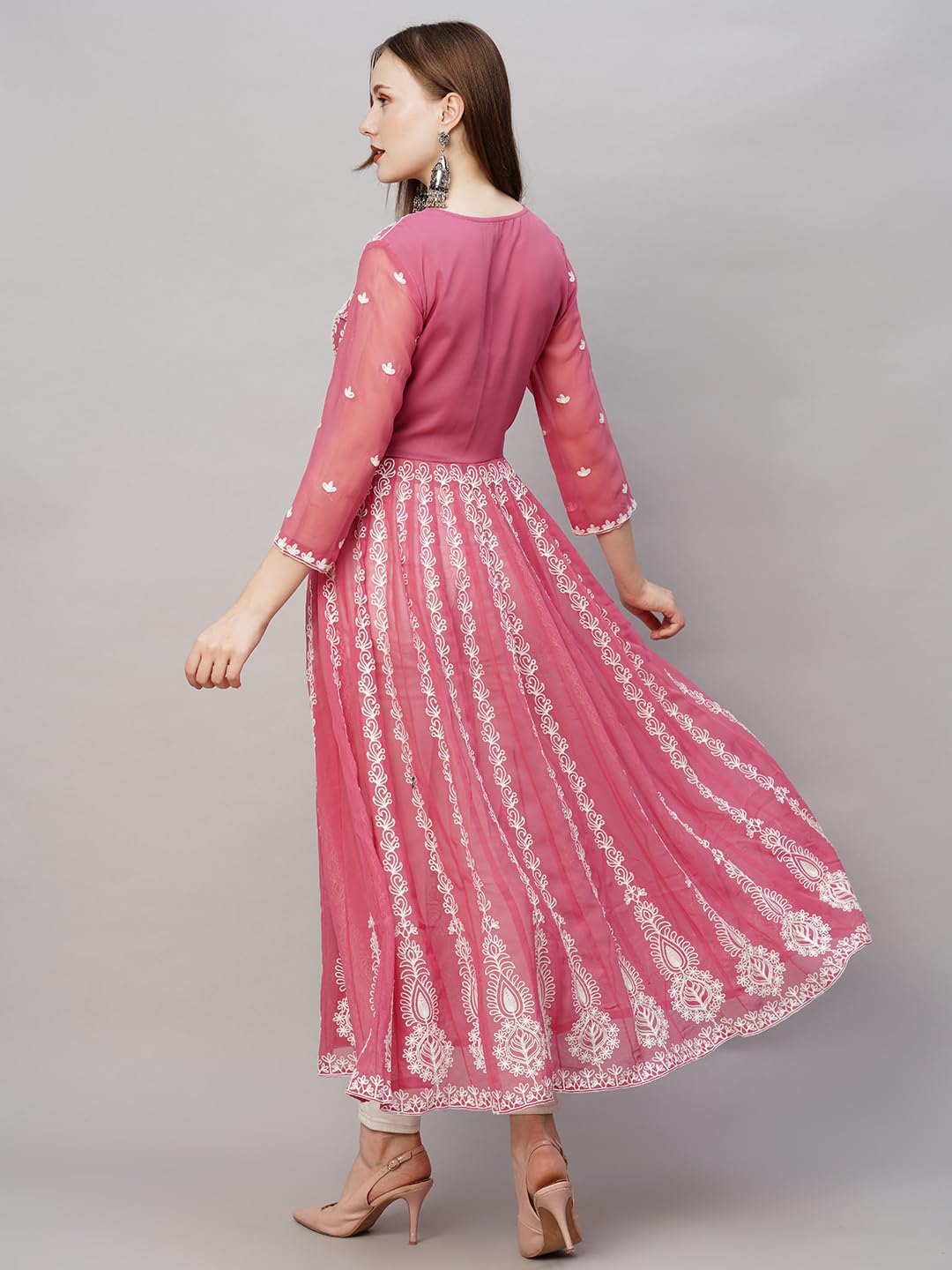 Anni Designer Women'S Georgette Chikankari Embroidered Anarkali Kurti (Kari Wine-Grt_M_Wine_Medium),Wine,M,Georgette,Anarkali,