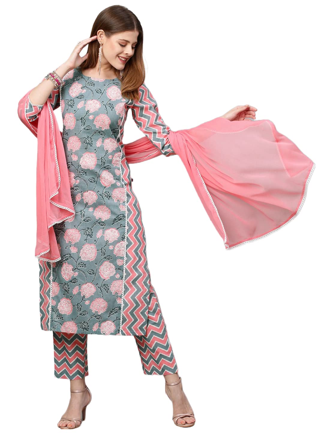 Anni Designer Women'S Cotton Blend Printed Straight Kurta With Pant & Dupatta (Rinki Grey-Jan15_Xl_Grey_X-Large),Grey,XL