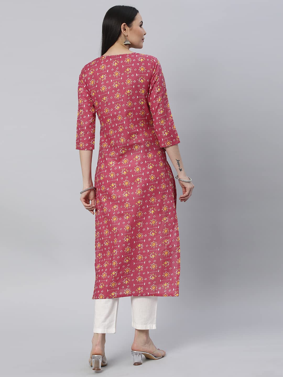 Anni Designer Women'S Cotton Blend Printed Straight Chikankari Embroidered Kurta (Toshi Pink_S_Pink_Small),Pink,S,Cotton Blend,Regular,