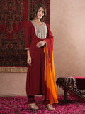 Anni Designer Women'S Cotton Blend Straight Embroidered Kurta With Pant & Dupatta (Chatterjee Maroon_S_Maroon_Small),Maroon,S,,,