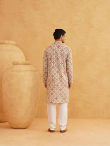 Sojanya (Since 1958 Men'S Cotton Linen Cream & Multi Print Only Long Kurta Cream & Multi L