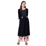 idaLia Light Pink and Navy Blue Cotton Kurta Set for Women A-Line Kurta with Palazzo Set Ideal for Wedding & Festive Occasions