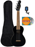 Fender Monterey Concert Ukulele - Black Bundle with Gig Bag, Tuner, and Austin Bazaar Instructional DVD