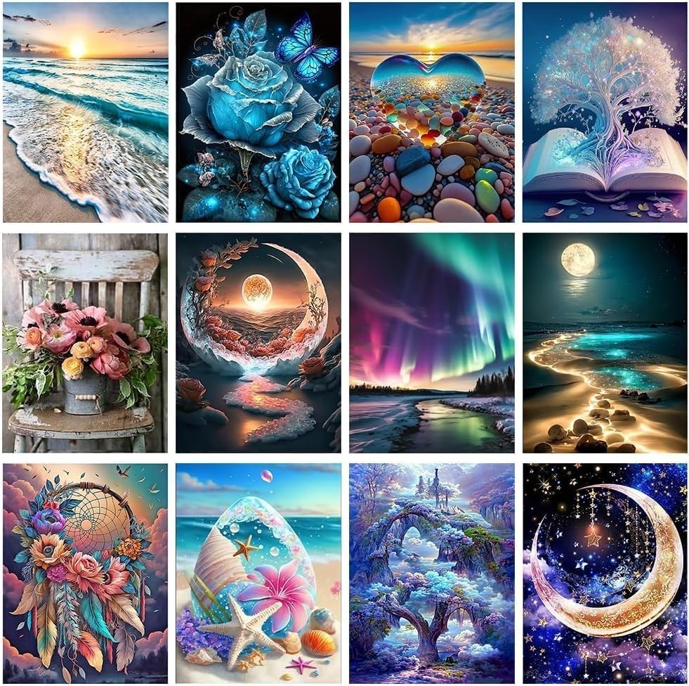 Mystara 12 Pack Diamond Painting Kits for Adults,Landscape Moon Diamond Beach Painting Set for Gift Home Wall Decor - 5D DIY Cra