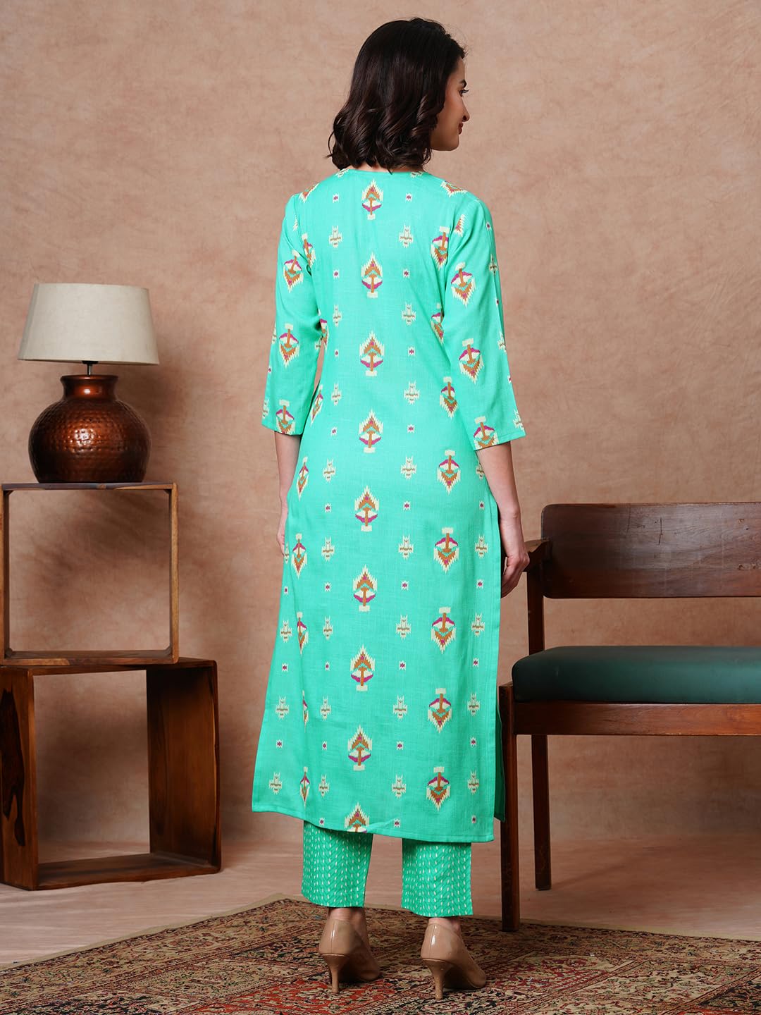 Gosriki Women'S Cotton Blend Straight Printed Kurta With Pant (Fimla Green-Gs_M_Green_Medium),Green,,B0CVGYGQKX