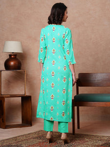 Gosriki Women'S Cotton Blend Straight Printed Kurta With Pant (Fimla Green-Gs_M_Green_Medium),Green,,B0CVGYGQKX