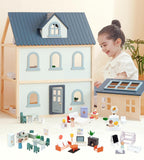 PairPear Large Wooden Dollhouse, 3 Story Play House with 64 Pieces Furniture Accessories & Garage, Pretend Play Family Dollhouse