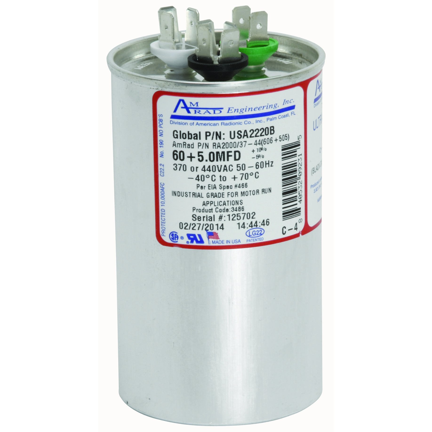 AMRAD ENGINEERING USA2220B Round USA-Made Motor Run Capacitor, 60/5 Mfd, 370/440 Vac-132344