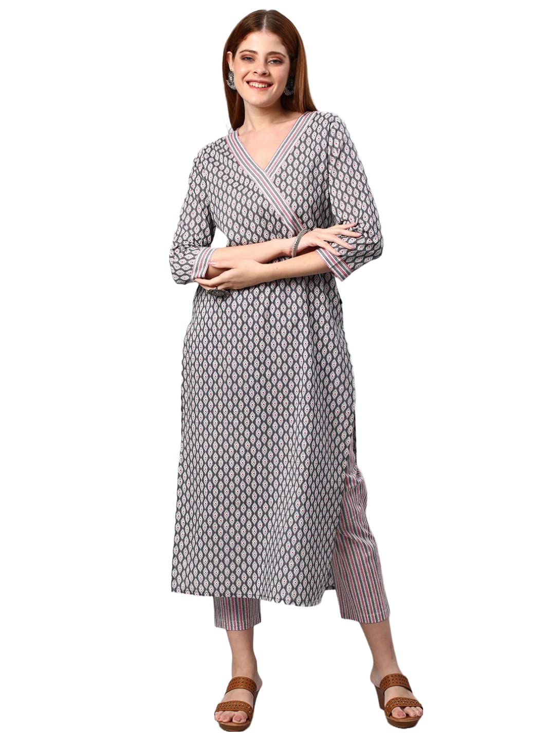 Anni Designer Women'S Cotton Blend Printed Straight Kurta With Pant (Jinki-White & Grey_M_Dark Blue_Medium),White & Grey,M