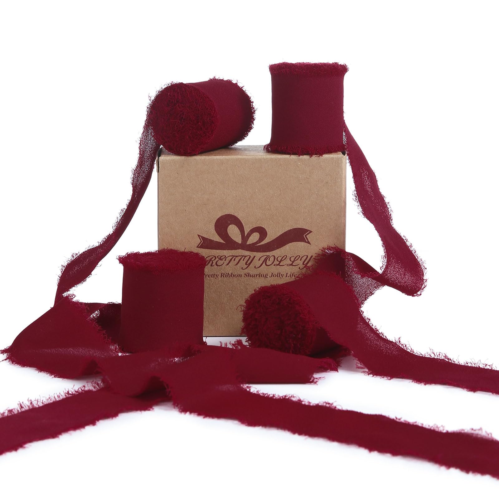 Pretty Jolly Burgundy Chiffon Ribbon for Gift Wrapping 4 Rolls 1 1/2 Inch x 5Yd Silk Ribbons Handmade Fringe Fabric Ribbon for F
