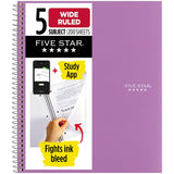 Five Star Spiral Notebook + Study App, 5 Subject, Wide Ruled Paper, Fights Ink Bleed, Water Resistant Cover, 8 x 101/2, 200 S