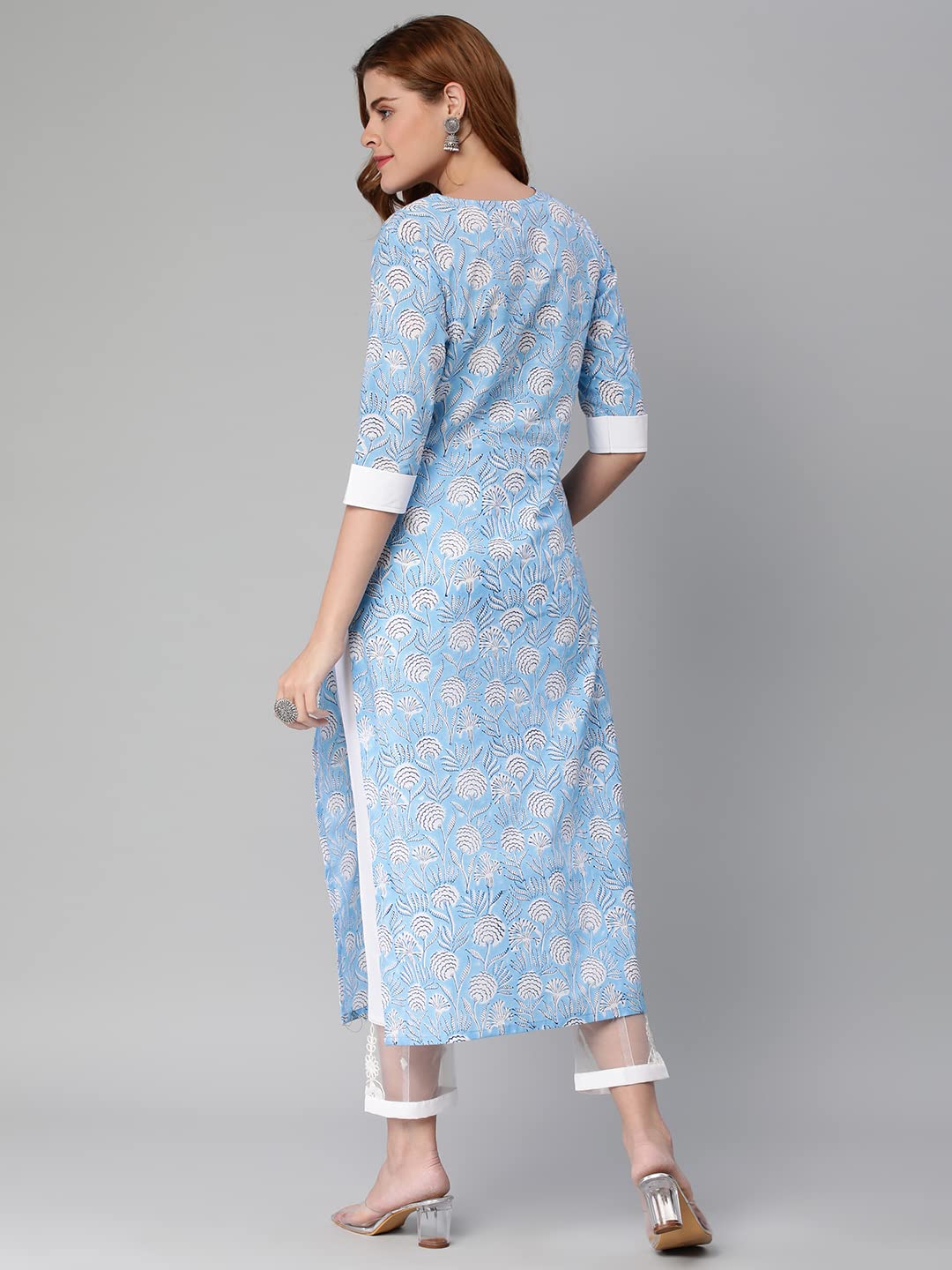 Anni Designer Women'S Cotton Blend Traditional Straight Printed Kurta With Pant Set (Aneka Blue_Xxl_Blue_Xx-Large),Blue,2XL,Cotton Blend,Regular,Pants