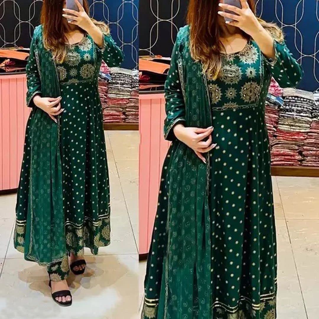 Anni Designer Women'S Cotton Blend Printed Anarkali Kurta With Pant & Dupatta (Shop-Green_S_Green_Small),Green,S,Cotton Blend,Regular,Dupatta