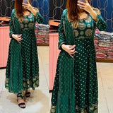 Anni Designer Women'S Cotton Blend Printed Anarkali Kurta With Pant & Dupatta (Shop-Green_S_Green_Small),Green,S,Cotton Blend,Regular,Dupatta