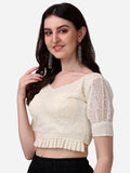 Pujia Mills Women'S Georgett Lucknowi Embroidery Puff Sleeve Tie Up Blouse (Lucknowi Tie) (Off White, 38)