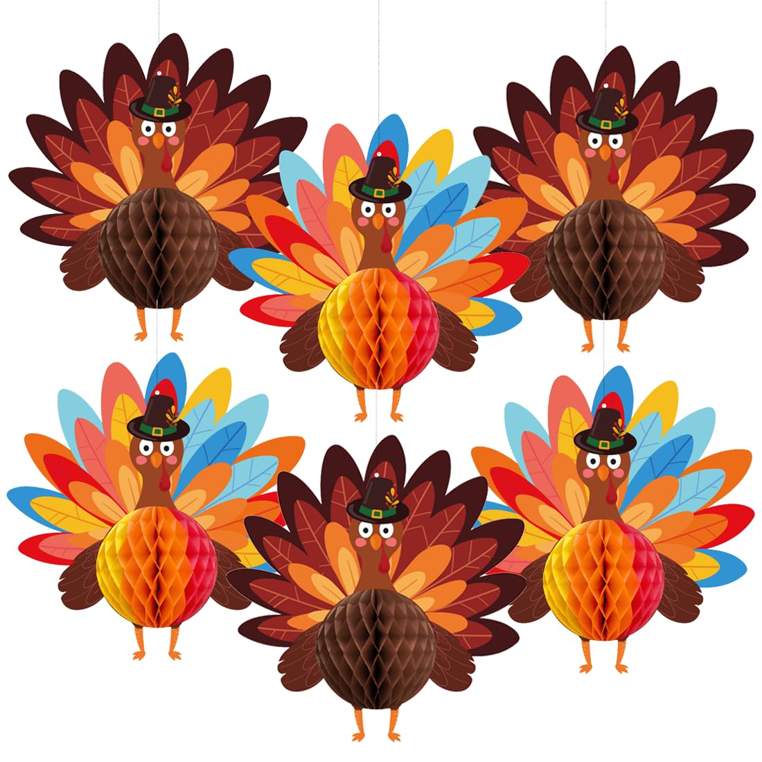 KLAZYUN 6 Pack Large Thanksgiving Honeycomb Turkey Centerpiece, Thanksgiving Table Decor, Fall Turkey Figure Honeycomb Standing 