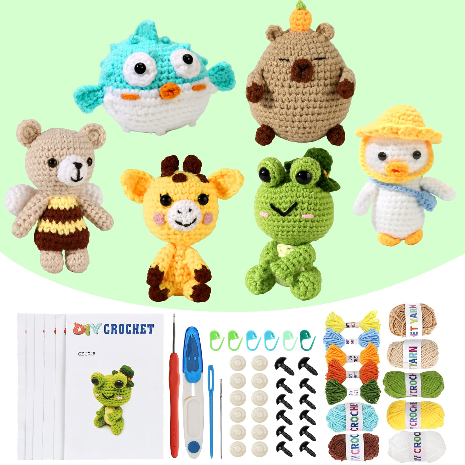 6Pcs Crochet Kit for Beginners, DIY Crochet Kit for Adults Kids, Crochet Animal Kits with Step by Step Videos Tutorials, Yarn Cr