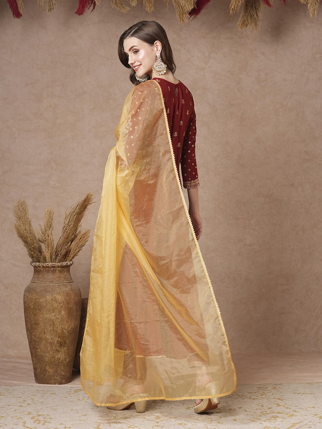 Anni Designer Women'S Rayon Blend Embroidered Anarkali Kurta With Pant & Dupatta (Kausik Red_L_Red_Large),Red,L,Rayon Blend,Anarkali,