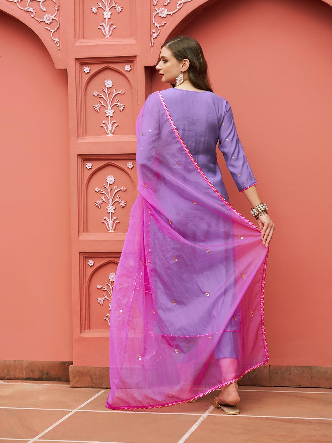Anni Designer Women'S Cotton Blend Mirror Work Straight Kurta With Pant & Dupatta (Mirror-Purple-Nw_Xxl_Purple_Xx-Large),Purple,2XL,Cotton Blend,Regular,