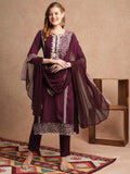 Anni Designer Women'S Rayon Blend Straight Embroidered Kurta With Pant & Dupatta (Trp Wine-Vks01_Xl_Wine_X-Large),Wine,XL,,,