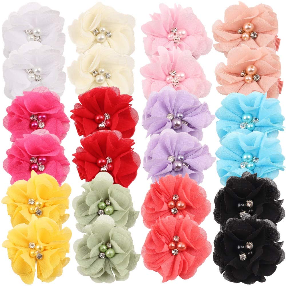 24 Pcs Hair Clips 2 Inches Chiffon Flower Alligator Hair Clips Rhinestone Pearl Hair Barrettes Hairpins Hair Accessories for Wom