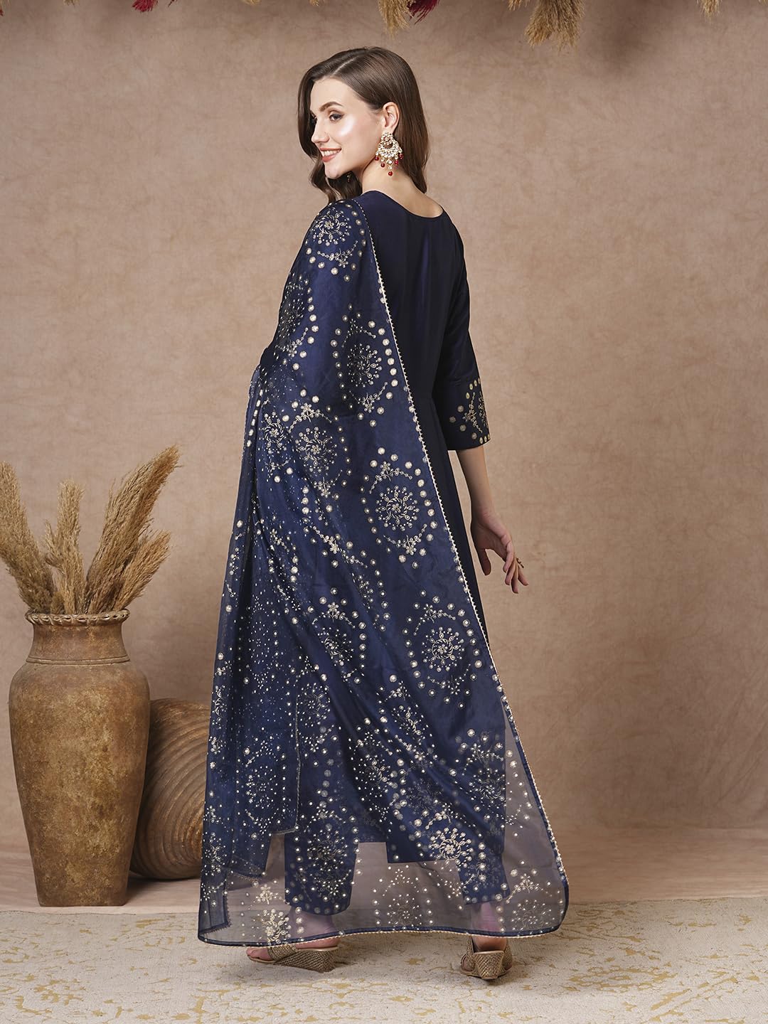 Anni Designer Women'S Rayon Blend Printed Anarkali Kurta With Pant & Dupatta (Varuna Navy_S_Navy Blue_Small),NAVY,S,Rayon Blend,Anarkali,