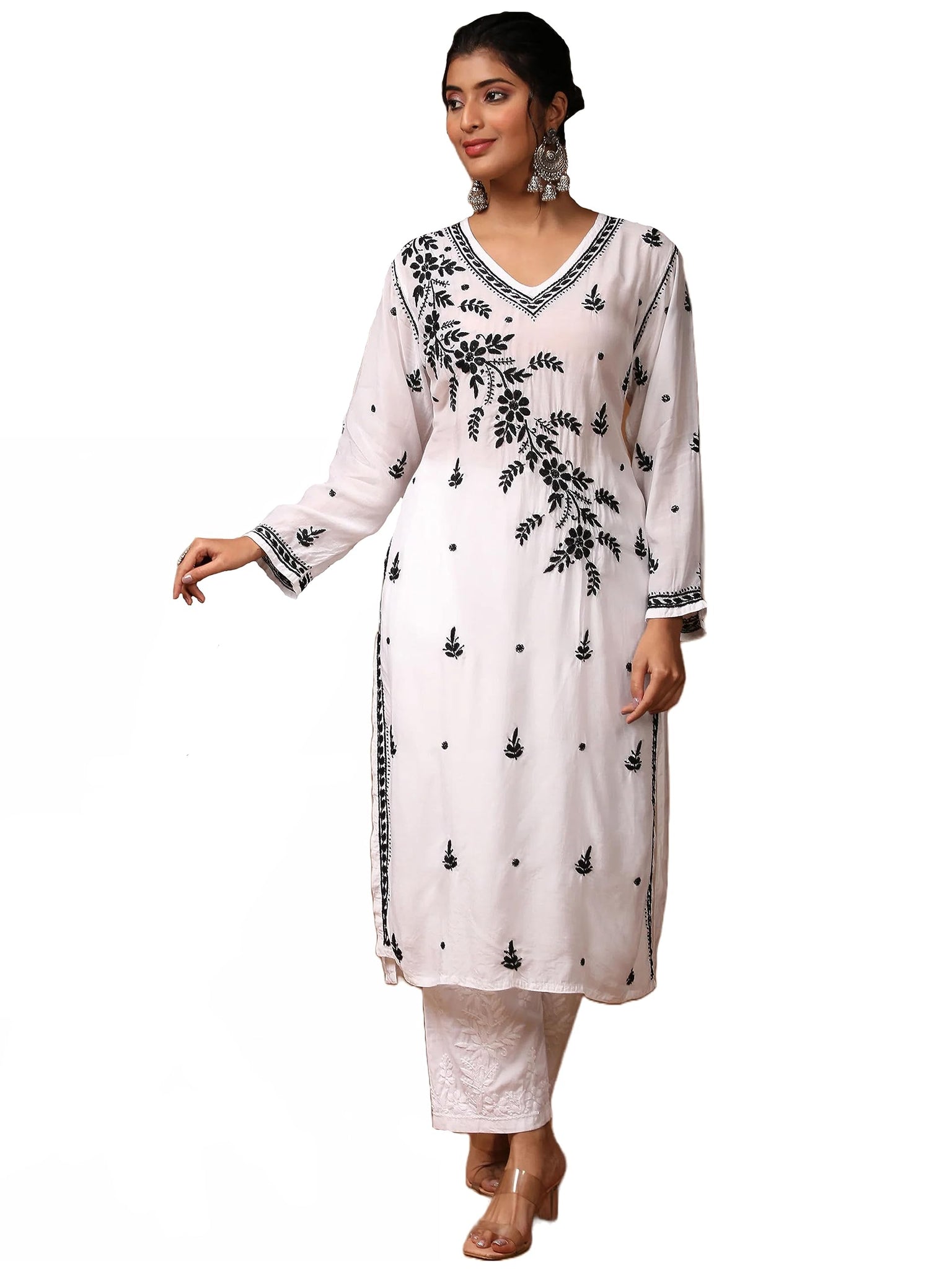 Anni Designer Women'S Cotton Blend Chikankari Embroidered Straight Kurta (Lada White_Xl_White_X-Large),White,XL